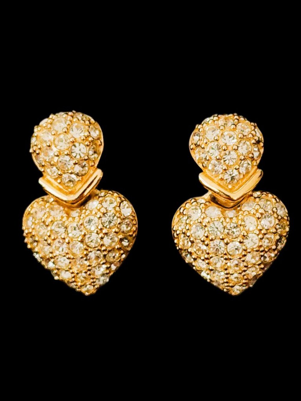 VINTAGE Christian Dior NWT Double Heart Pave Crystal Drop Earrings 1980s
